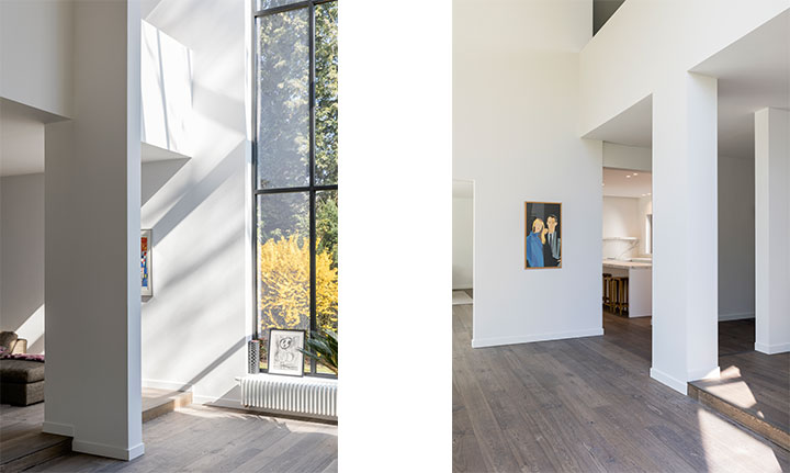 Villa K — interieur met zicht op de nieuwe aanbouw